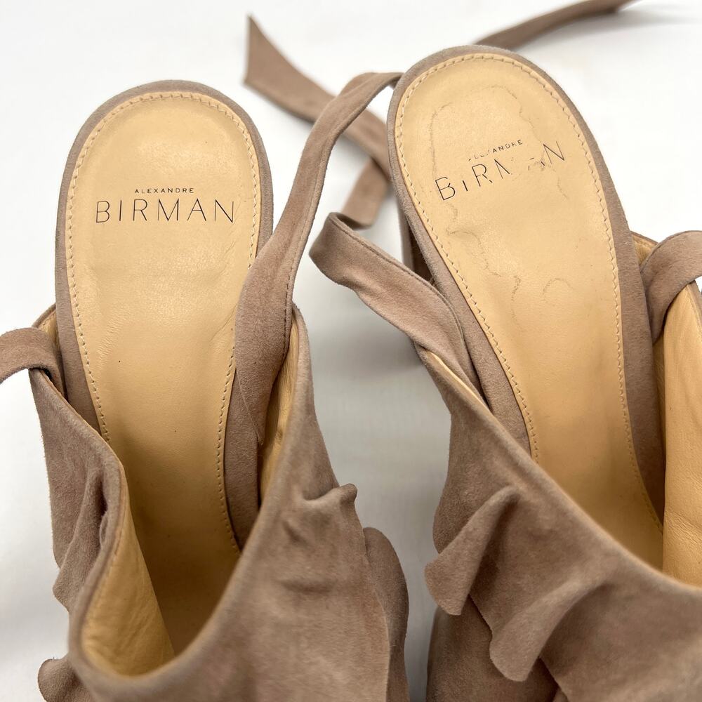 ALEXANDRE BIRMAN Ruffle Suede Heels Womens 37 Taupe Leather Ankle Wrap Sandal - Picture 12 of 16